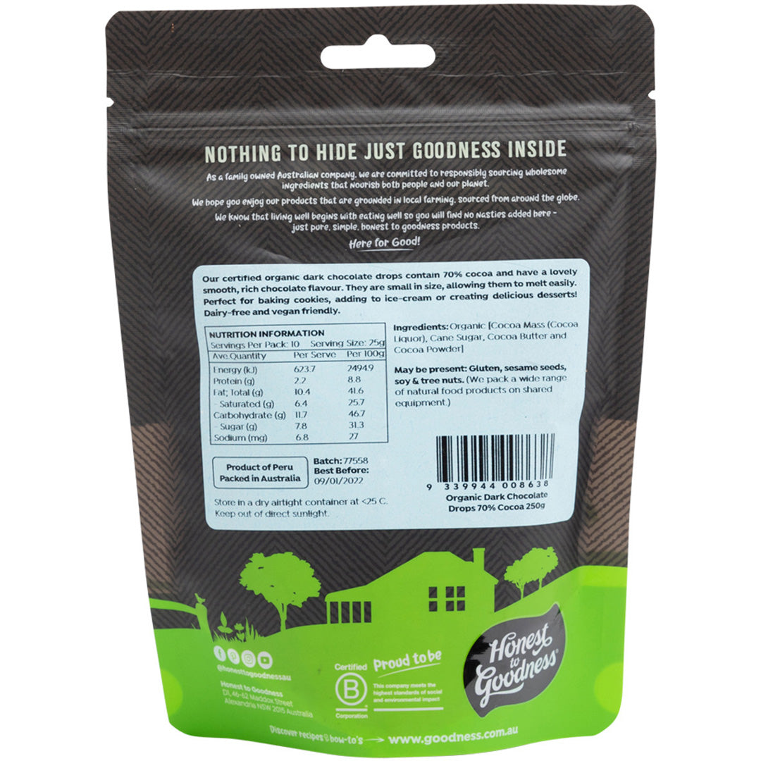 Honest to Goodness Organic Dark Chocolate Drops 70% Cocoa