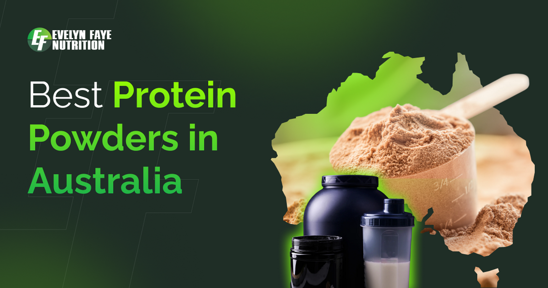 Various types of protein powder containers and shakes from Australian nutrition brands