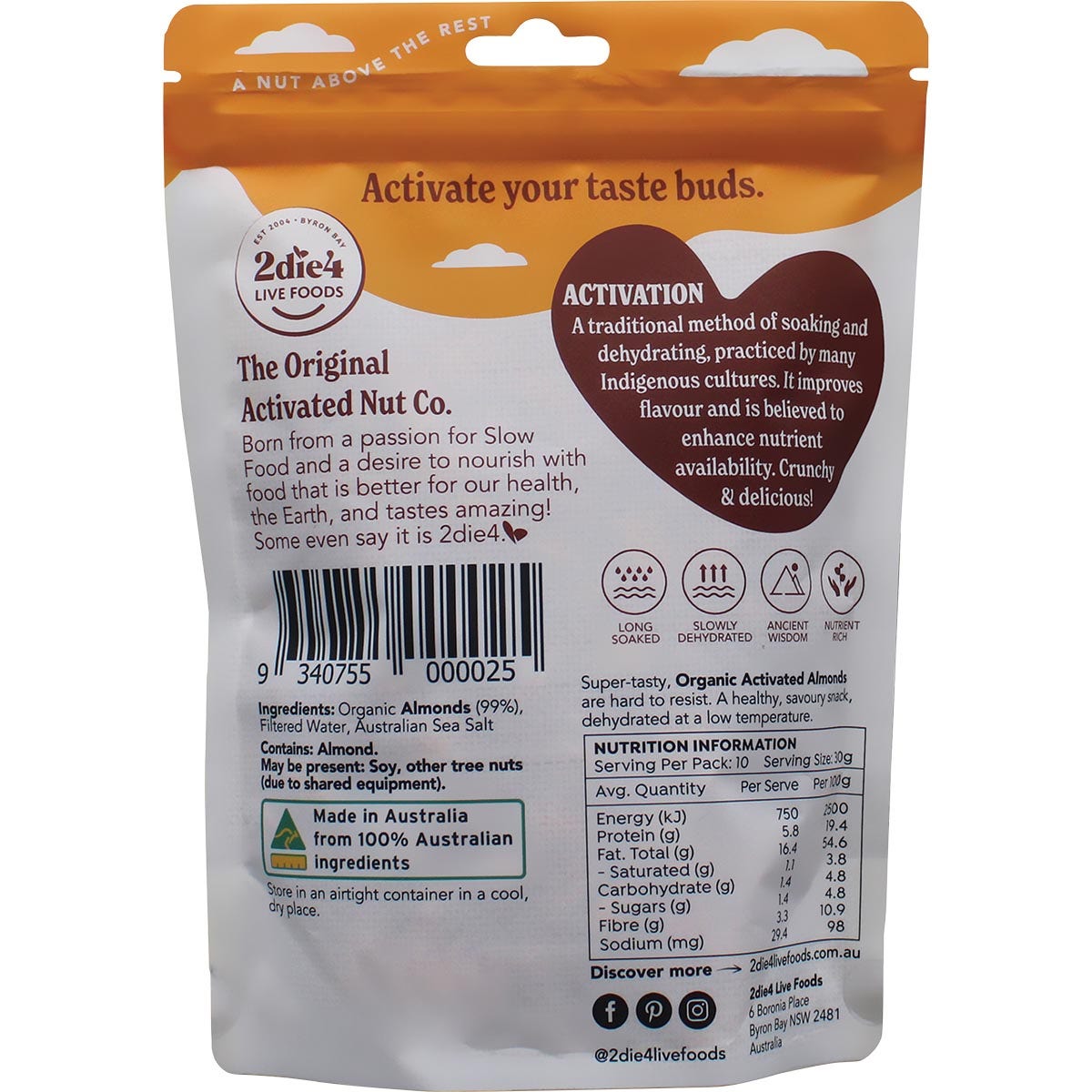 2Die4 Live Foods Activated Organic Almonds 300g