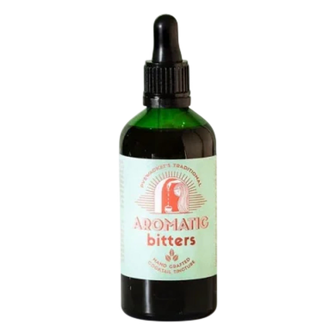 Bottle of Aromatic Bitters with a green label on a white background